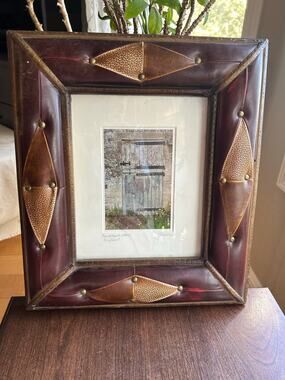 Vintage Mann burgundy textured padded leather picture frame brass stud 14x12.5”